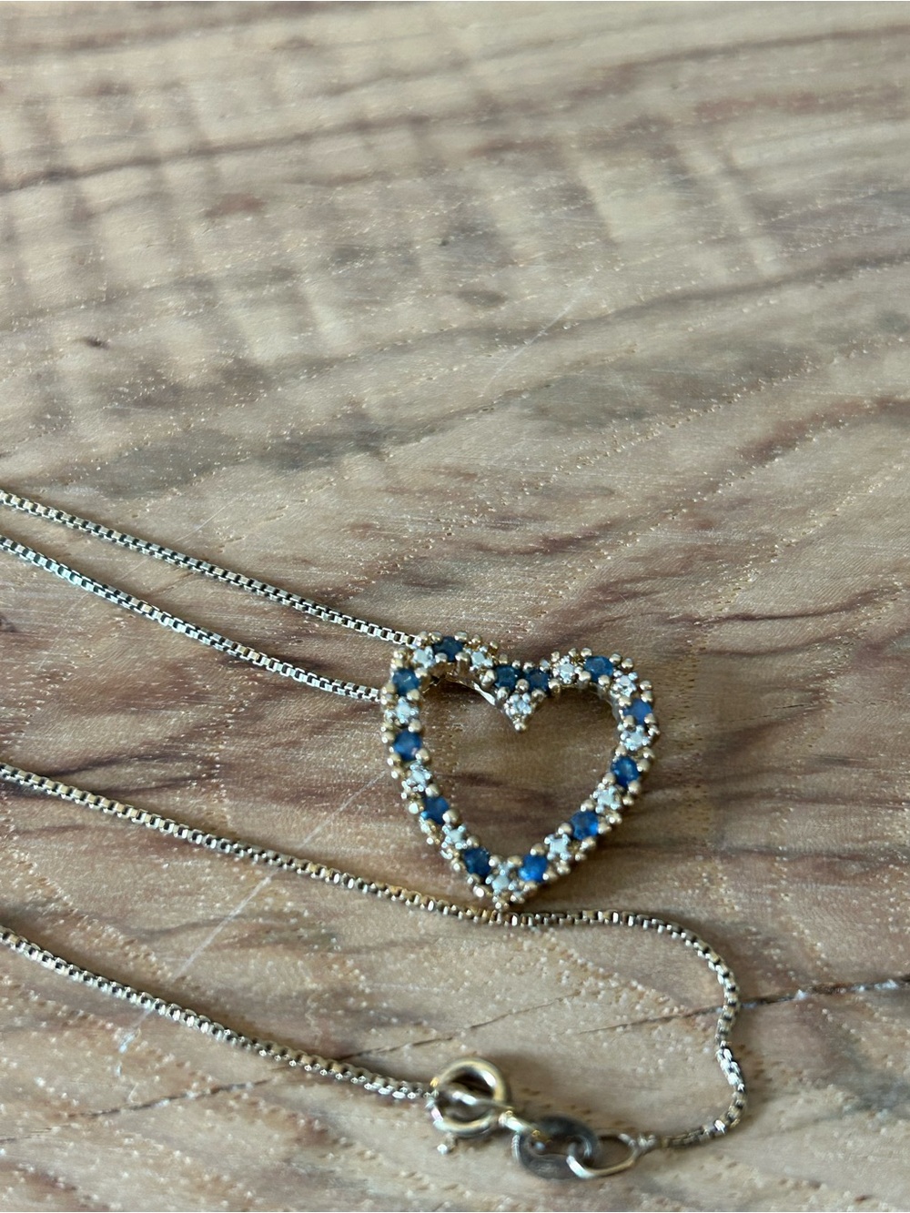Vintage Sterling 925 Gold Tone Heart Pendant Necklace with Blue and White Stones